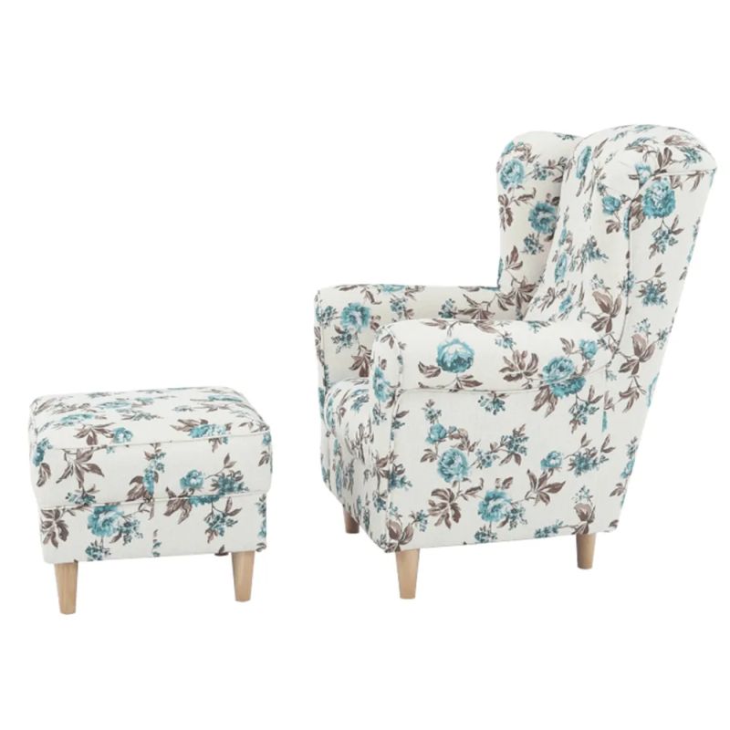 Kreslo ušiak s taburetom, látka rose 14