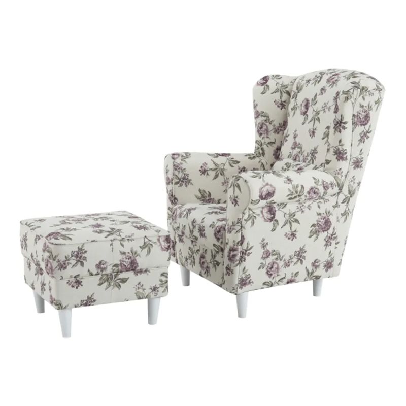 Kreslo ušiak s taburetom, látka rose 18