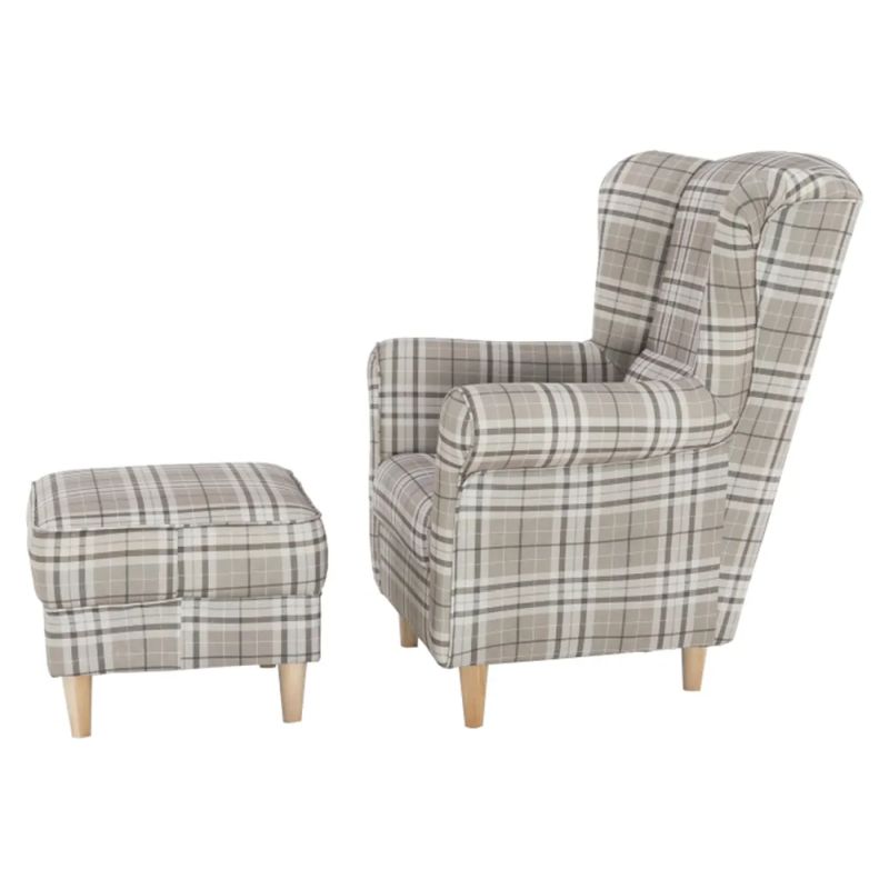 Kreslo ušiak s taburetom, látka hnedé karo