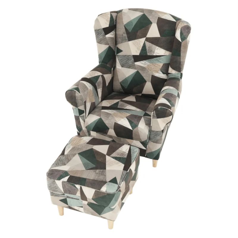 Dizajnový ušiak, s taburetom, látka hnedozelená vzor