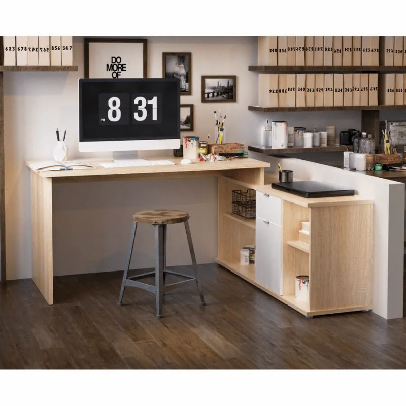 Kvalitný rohový písací stôl, dub sonoma/biela