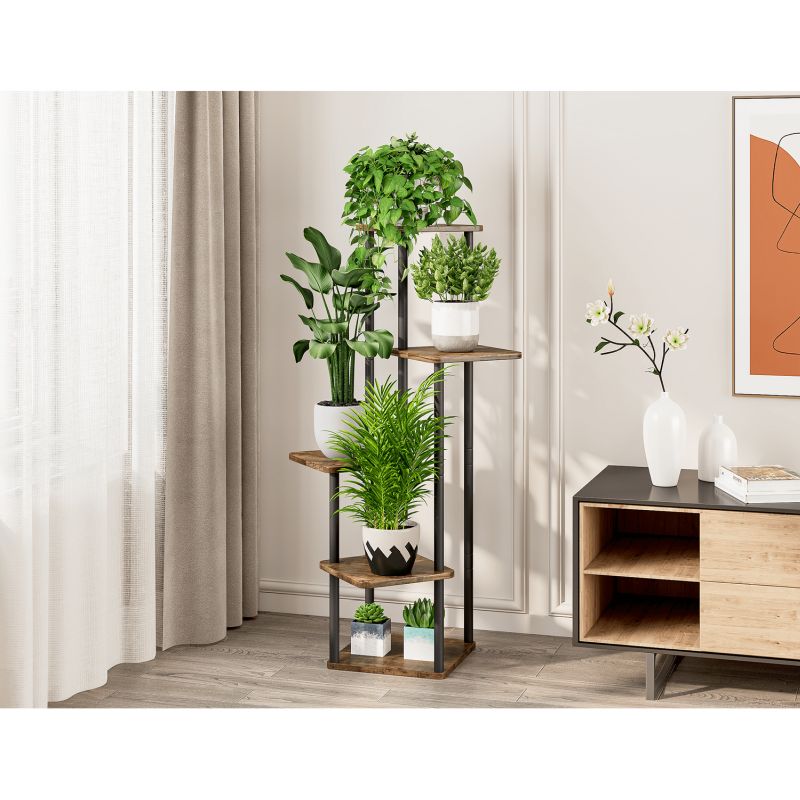 Viacúčelový a praktický kovový stojan na kvety, čierna/rustikálne drevo