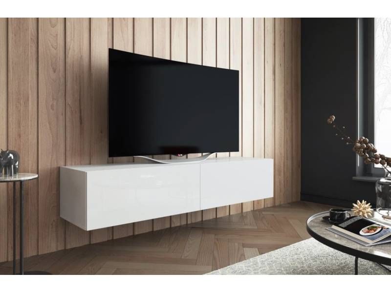 Moderný RTV stolík s dvomi výklopnými dvierkami 150, biely lesk-biely lesk