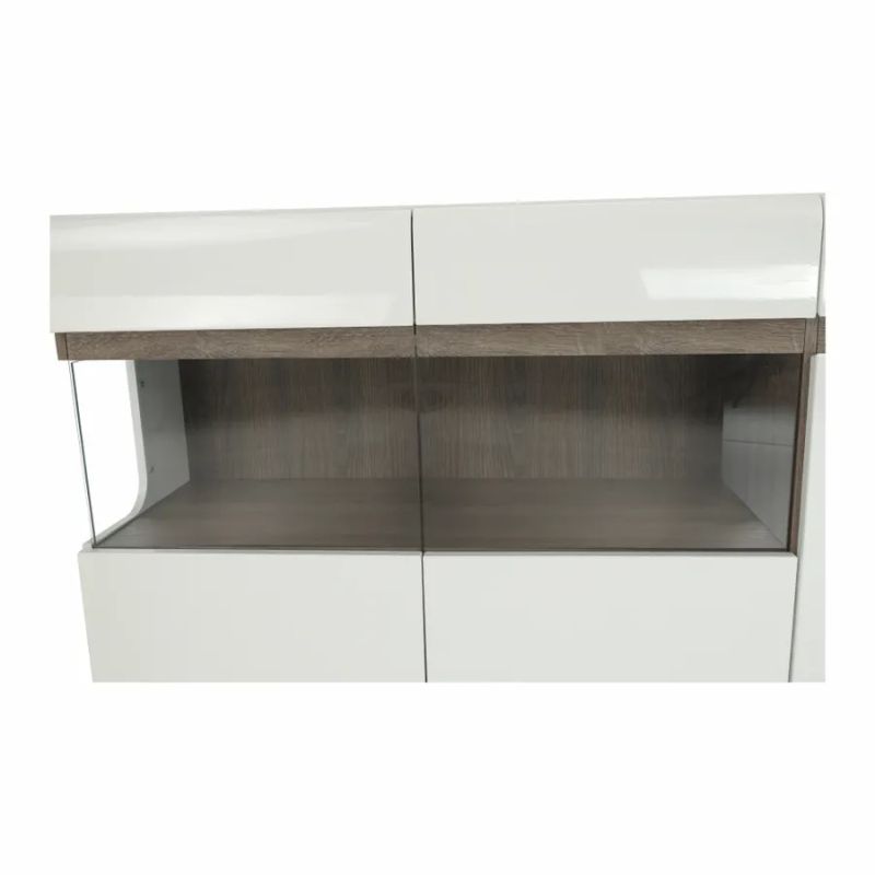 Komoda 3-dverová so sklom, dub sonoma tmavý -biela vysoký lesk