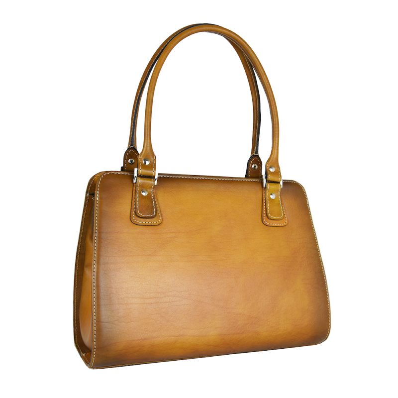 Módna kožená kabelka 8614 ručne tamponovaná a tieňovaná v tmavo žltej farbe