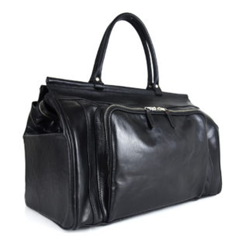 Módna kožená cestovná kabela s bohatou výbavou v čiernej farbe