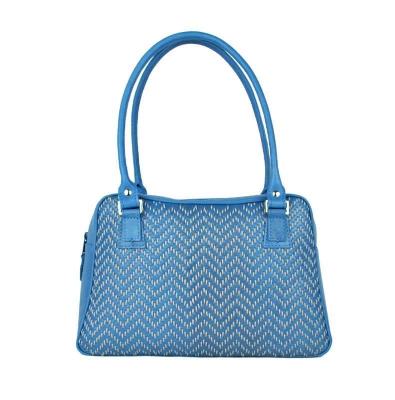 Ručne vyšívaná kabelka z pravej kože v modrej farbe - šedé vyšívanie