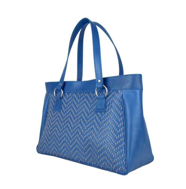 Ručne vyšívaná modrá kabelka z pravej kože - šedé vyšívanie