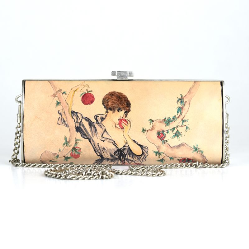 Ručne maľovaná spoločenská kabelka s motívom Dievča s jablkom