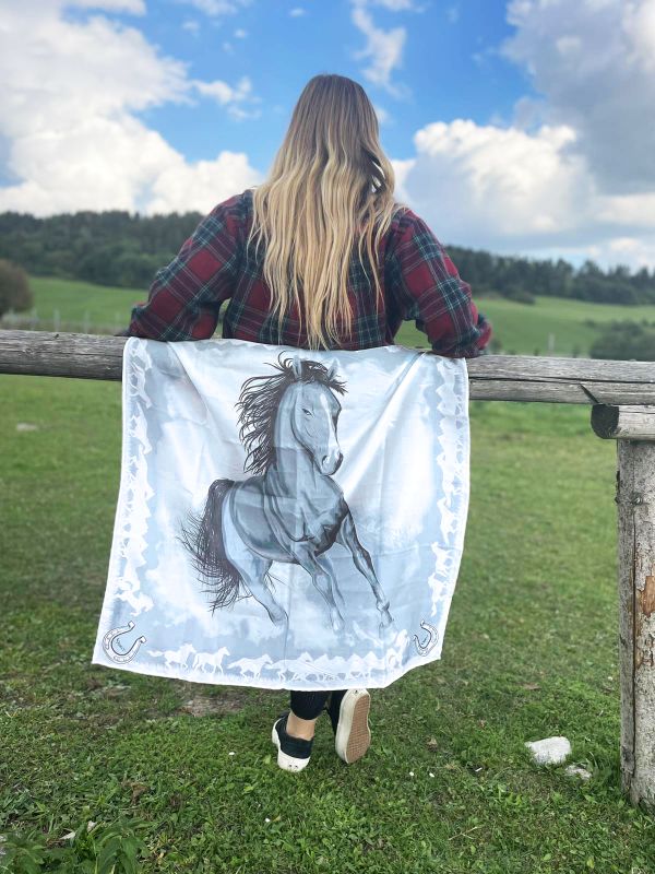 Hodvábna šatka Kôň - modrý, 90 x 90cm