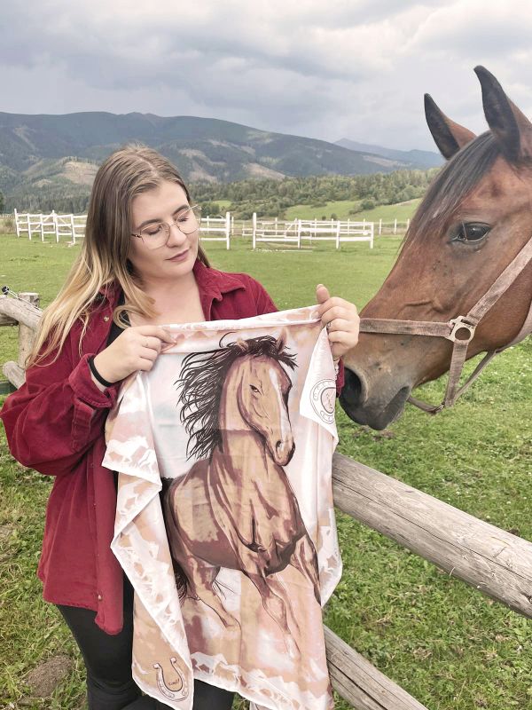 Hodvábna šatka Kôň - sépia, 90 x 90cm