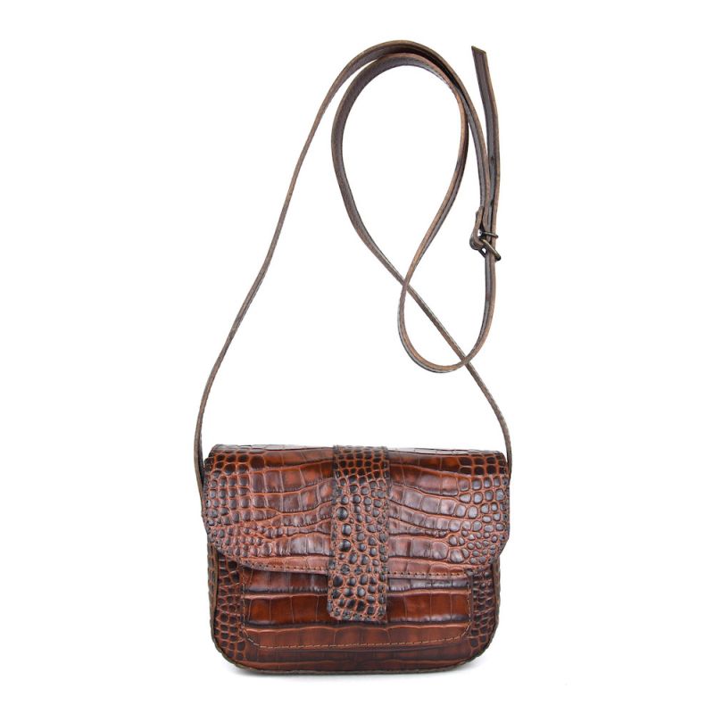 Malá dámska kabelka crossbody z hovädzej kože s dezénom krokodíla v hnedej farbe