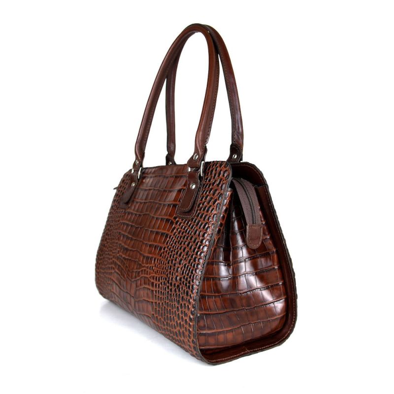 Kabelka z pravej hovädzej kože s dezénom krokodíla v hnedej farbe