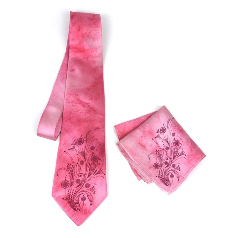 Hodvábna kravata + vreckovka - Prírodný ľudový motív v ružovej farbe 100% hodváb