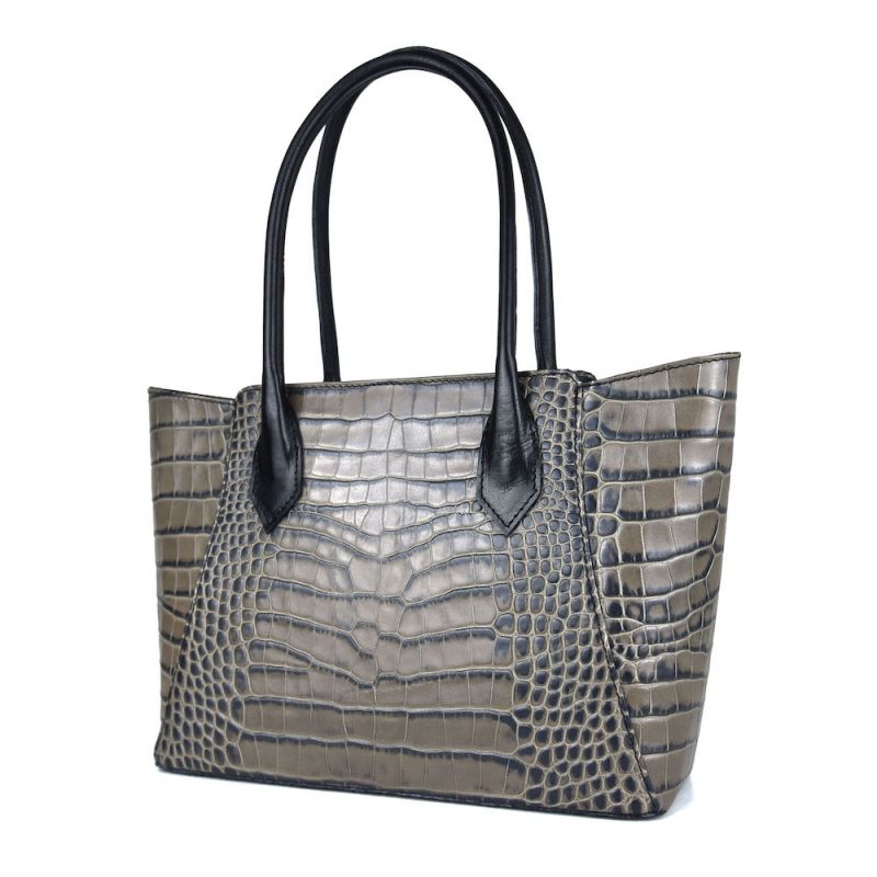 Dámska kabelka z pravej hovädzej kože s dezénom krokodíla v šedej farbe