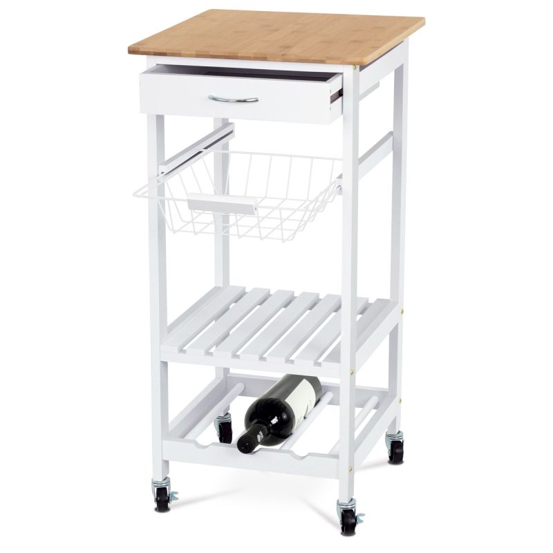 Bambusový regál na kolieskach lakovaný matnou bielou farbou