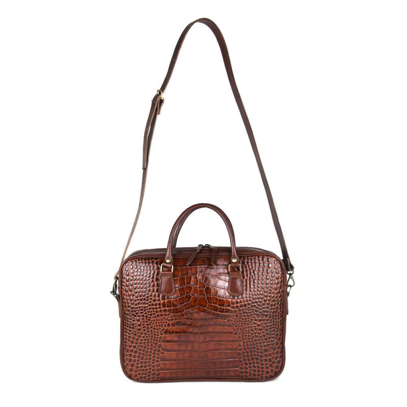 Kožená pracovná cestovná taška s dezénom krokodíla v hnedej farbe
