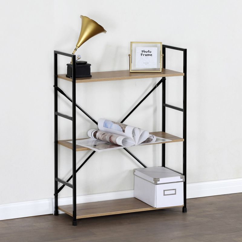 Regál, 3 police, dekor dub-čierny lak s výstuhou v tvare X