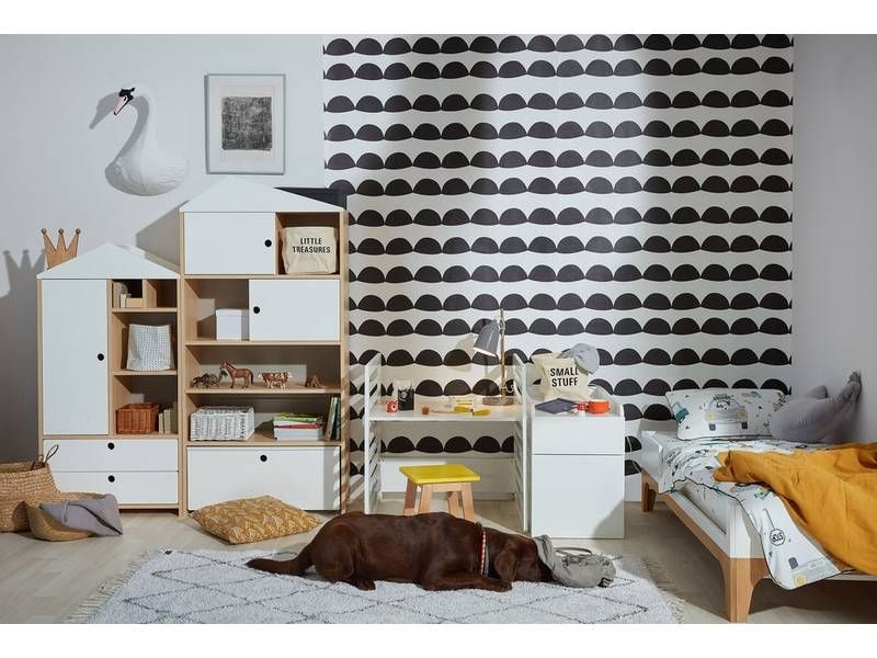 Regál v tvare domčeka s policami a skrinkami, biela-dub