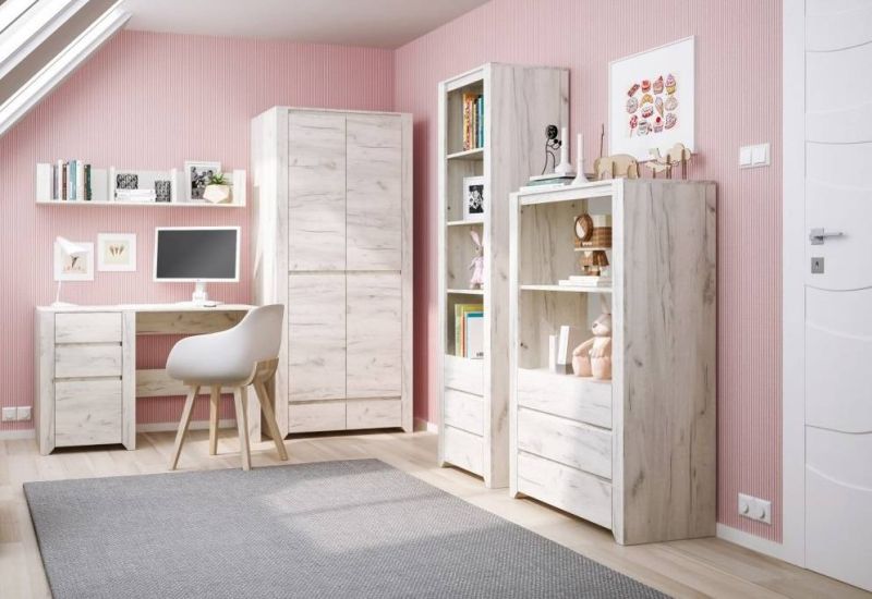 Regál s tromi dvierkami a zásuvkou, dub white craft