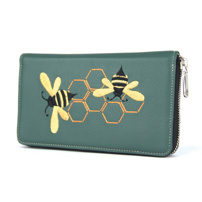Módna dámska vyšívaná kožená peňaženka č.8606 s motívom Včeličiek, zelená farba