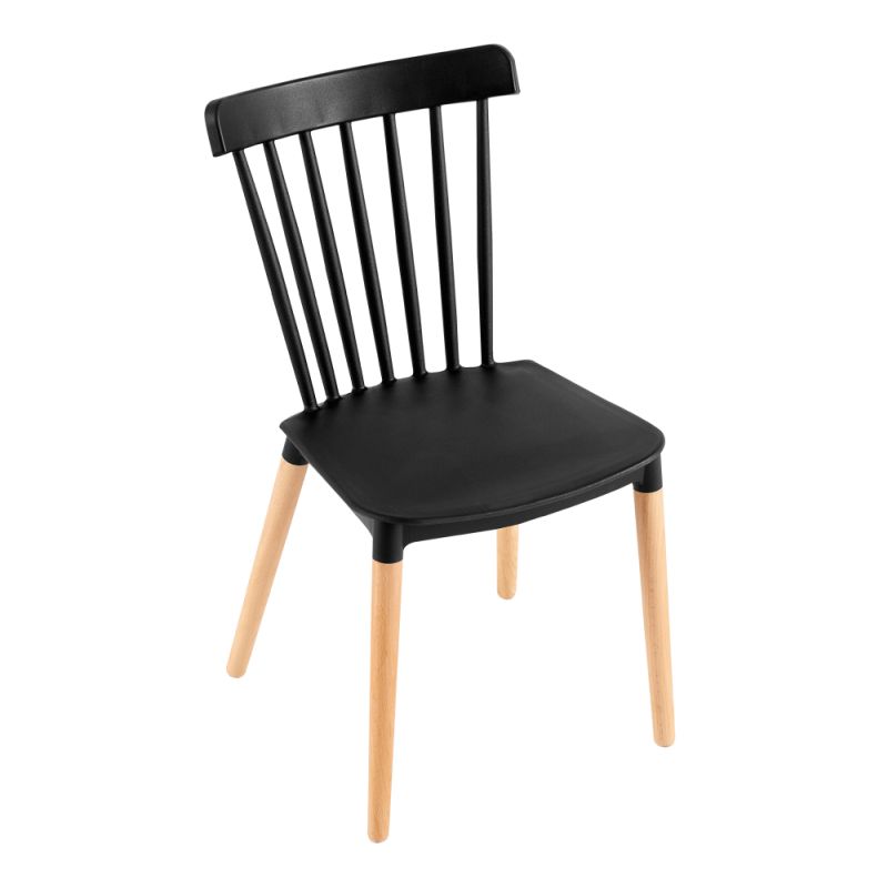Jedálenská stolička vyrobená z plastu, s drevenými nožičkami, čierna