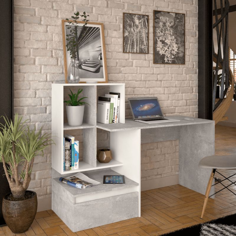 Multifunkčný počítačový stôl s moderným dizajnom, betón-biela