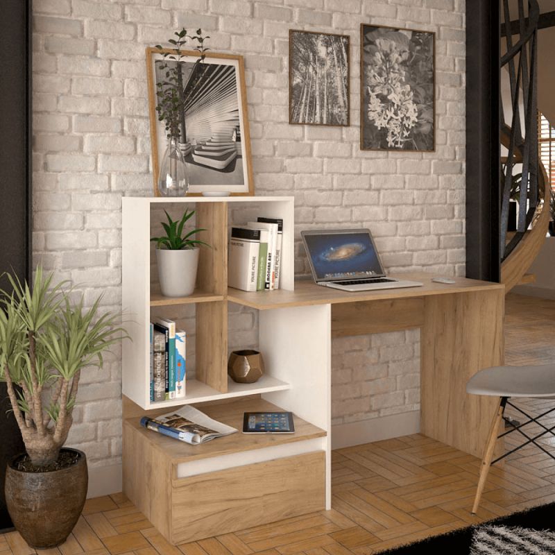 Multifunkčný počítačový stôl s moderným dizajnom, dub artisan-biela