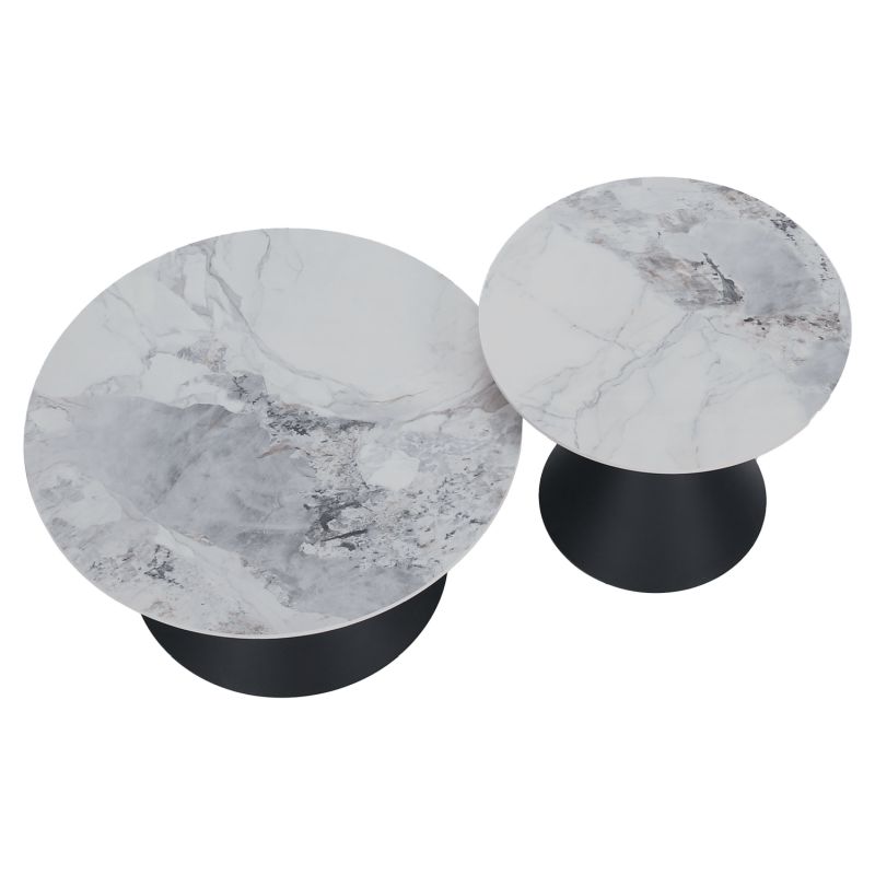 Konferenčné stolíky, set 2 okrúhlych, biely mramor-čierna-zlatá