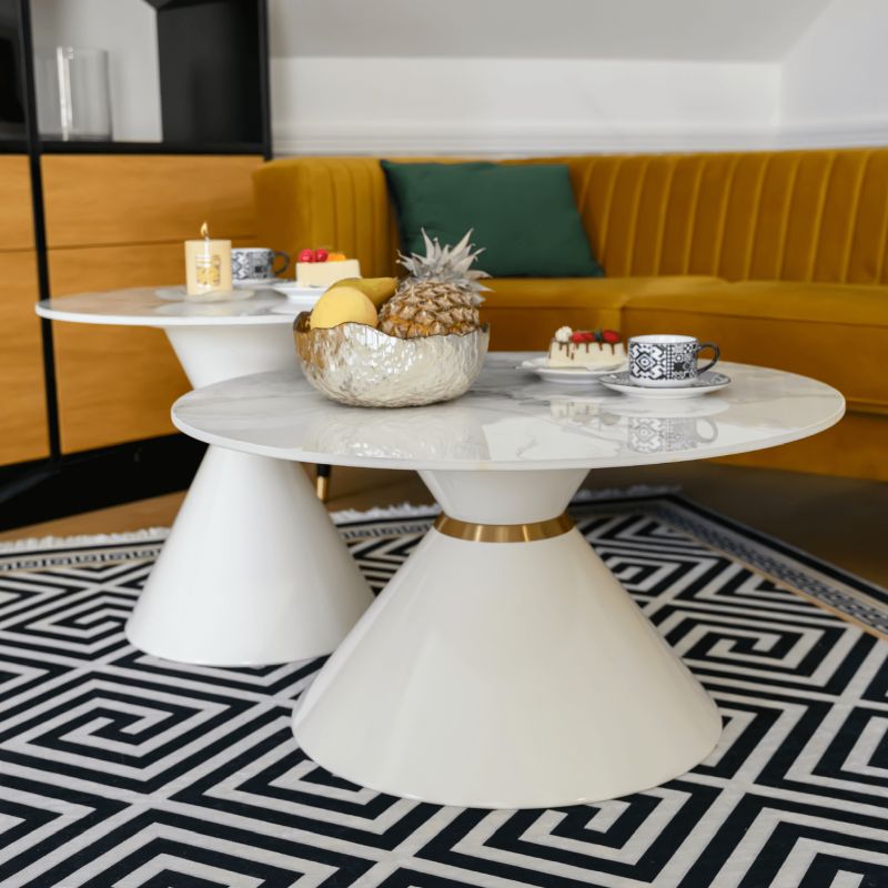 Konferenčné stolíky, set 2 okrúhlych, biely mramor-biela-zlatá