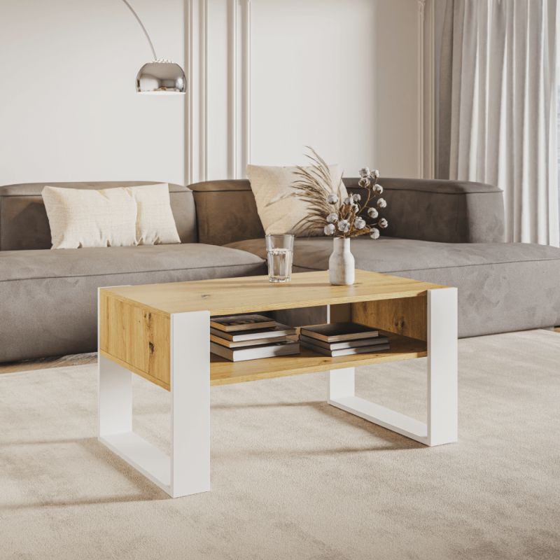 Konferenčný stolík s poličkou, dub artisan-biela