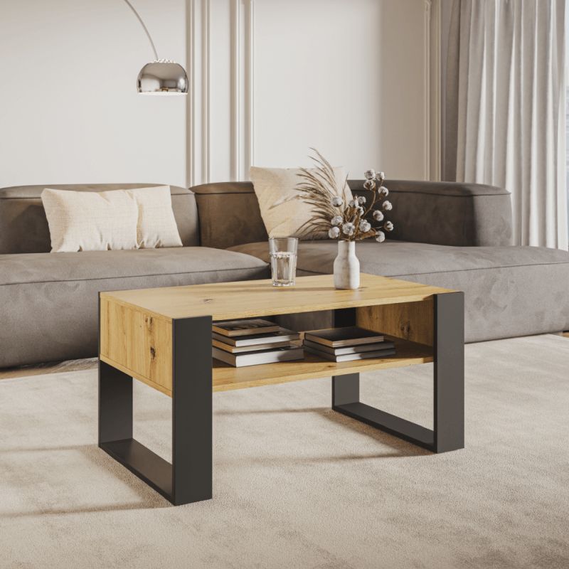 Konferenčný stolík s poličkou, dub artisan-čierna