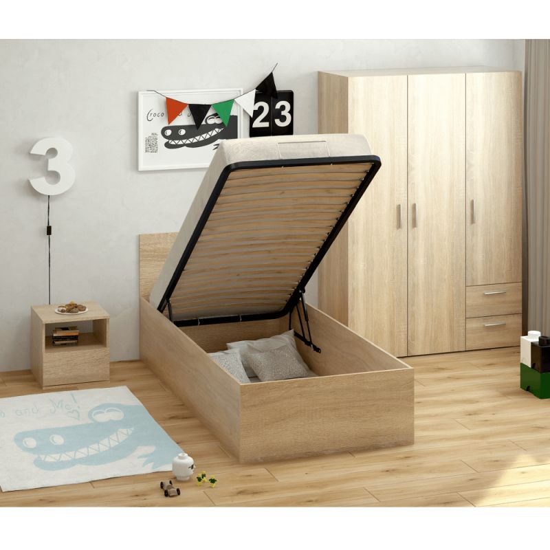 Posteľ s kovovým roštom a úložným priestorom, 90x200, dub sonoma