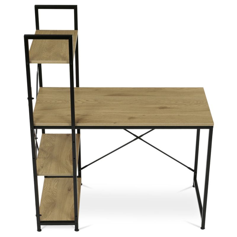 Stôl pracovný s regálom, MDF, dekor dub, čierny kov