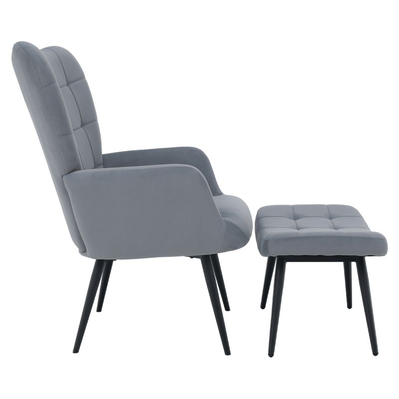 Luxusné kreslo s podnožou, sivá Velvet látka a čierne nohy