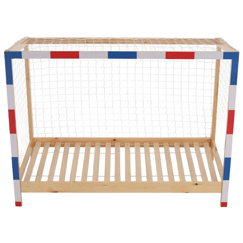 Montessori posteľ v tvare futbalovej brány 90x200, prírodná-biela-modrá-červená