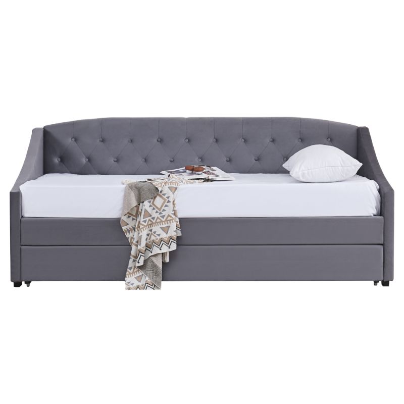 Rozkladacia posteľ s prístelkou, čalúnená látkou v sivom prevedení