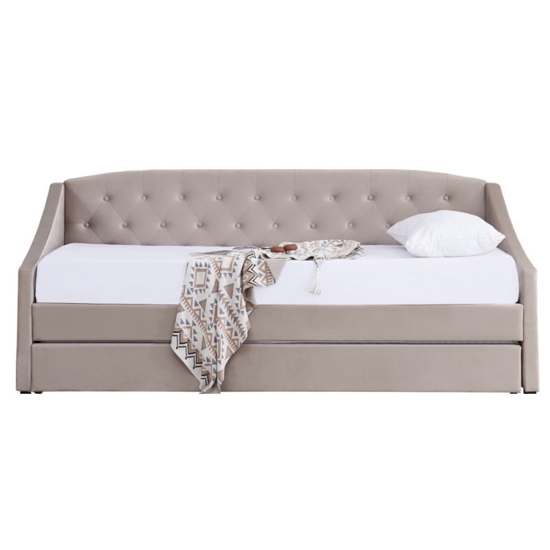 Rozkladacia posteľ s prístelkou, čalúnená látkou v prevedení hnedosivá Taupe
