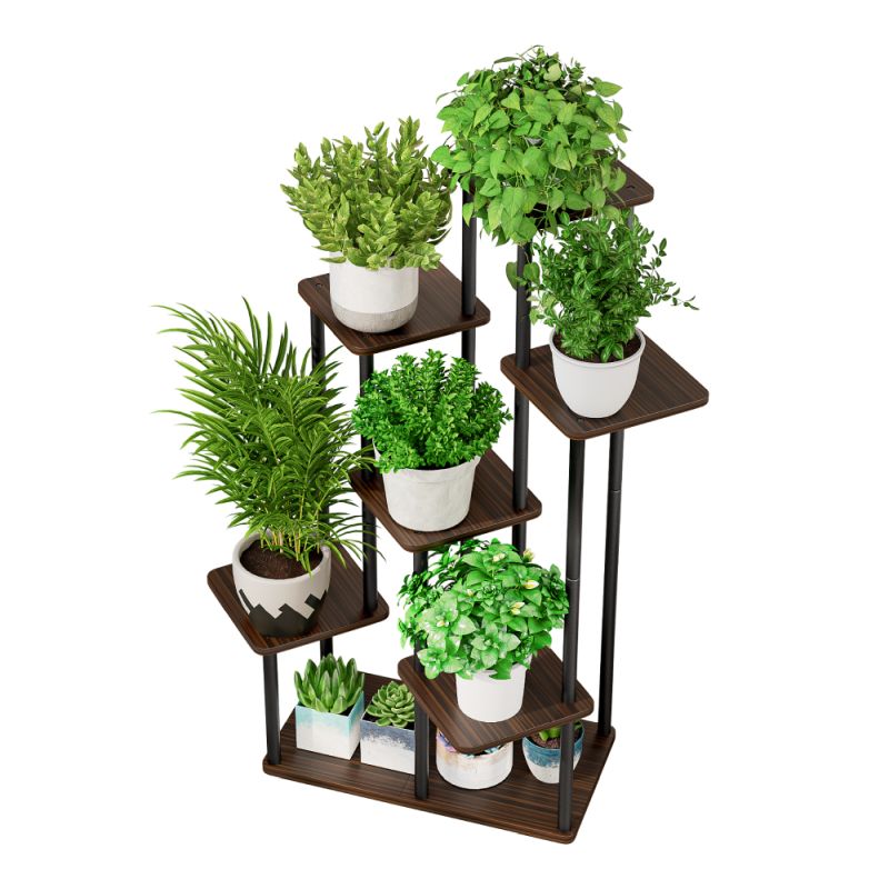 Kovový stojan na kvety, čierny-rustikálne drevo