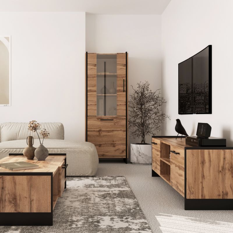 TV stolík 2D, 2x skrinka, dub wotan-čierna