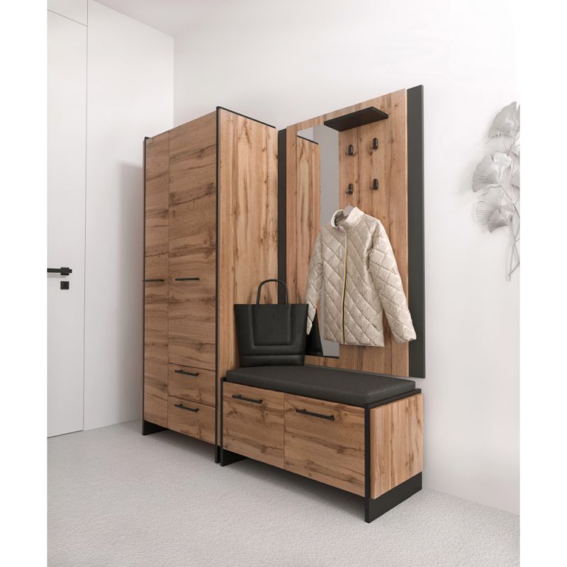 Vešiakový panel so zrkadlom, dub wotan-čierna