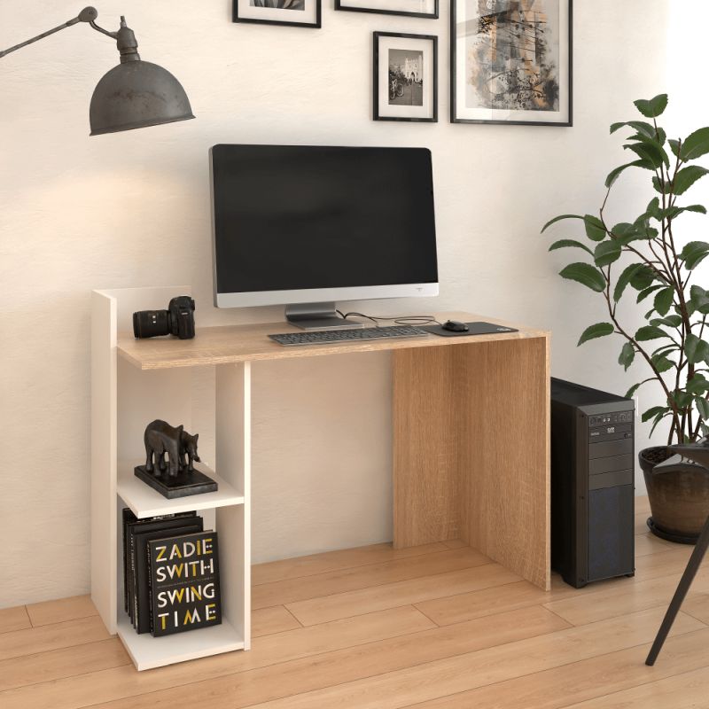 PC stôl s otvoreným regálom, dub sonoma-biela