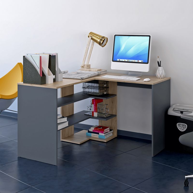 Rohový PC stôl s otvoreným úložným priestorom, dub artisan-grafit
