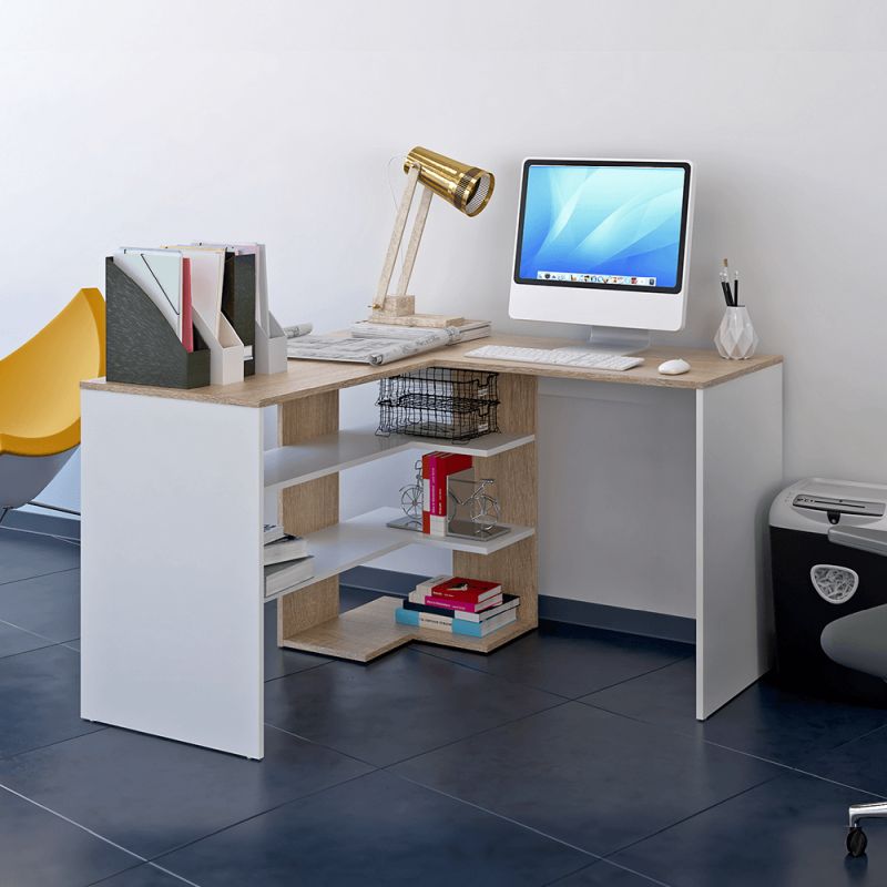 Rohový PC stôl s otvoreným úložným priestorom, dub sonoma-biela