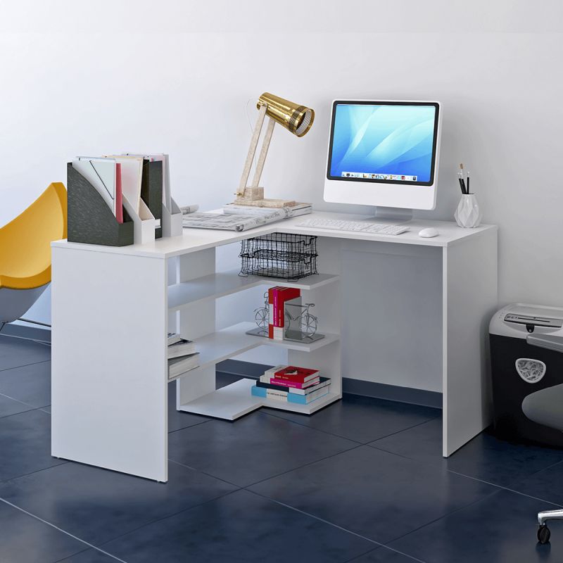 Rohový PC stôl s otvoreným úložným priestorom, biela