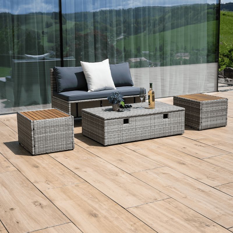 Záhradný ratanový set, 4-dielna súprava, sivá-prírodná-krémová