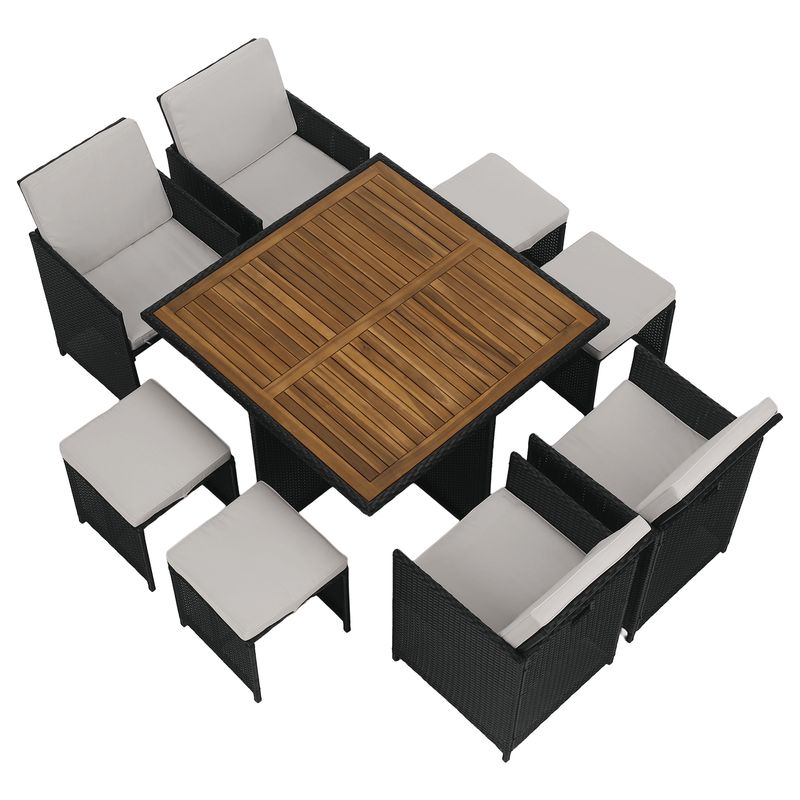 Záhradný ratanový set, akáciové drevo, čierna-krémová-prírodná