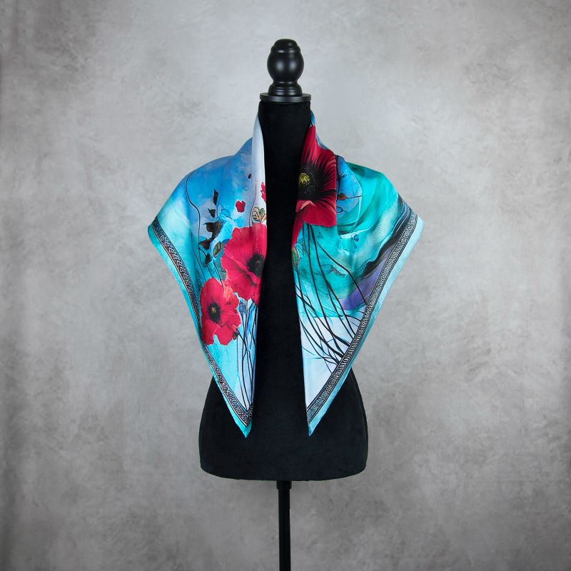 Módna hodvábna šatka MAK VLČÍ - MODRÝ, 90 x 90cm