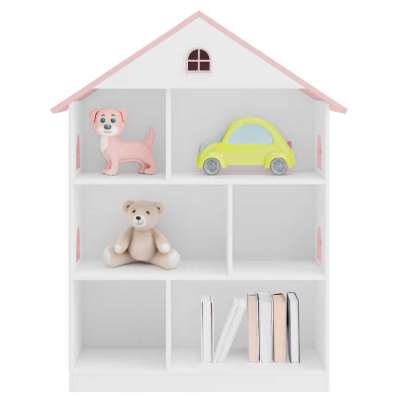 Detská knižnica v tvare domčeka, biela-ružová