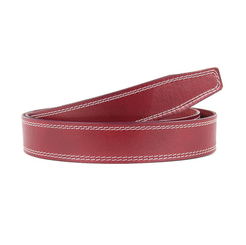 Kožený remeň pre opasky s brzdovou prackou, bordový s bielym prešívaním, šírka 3,5 cm
